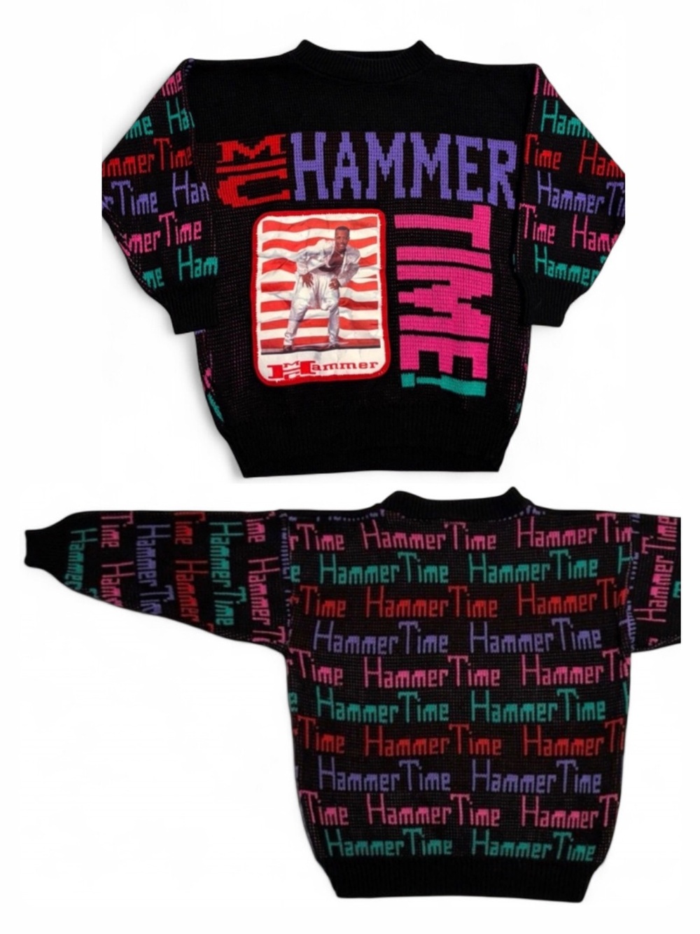 1991 RARE MC Hammer Colourful 3/4 Sleeve Crew Neck Knit Sweater-90s 1990s Retro